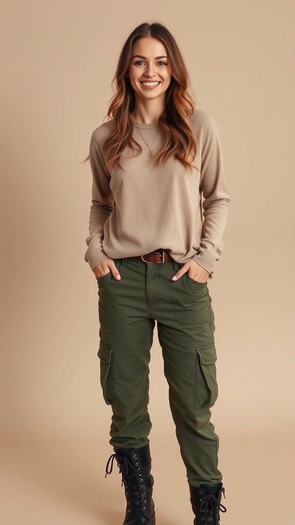 A woman wearing a beige long sleeve top, green utility pants, and black combat boots, smiling against a neutral background.