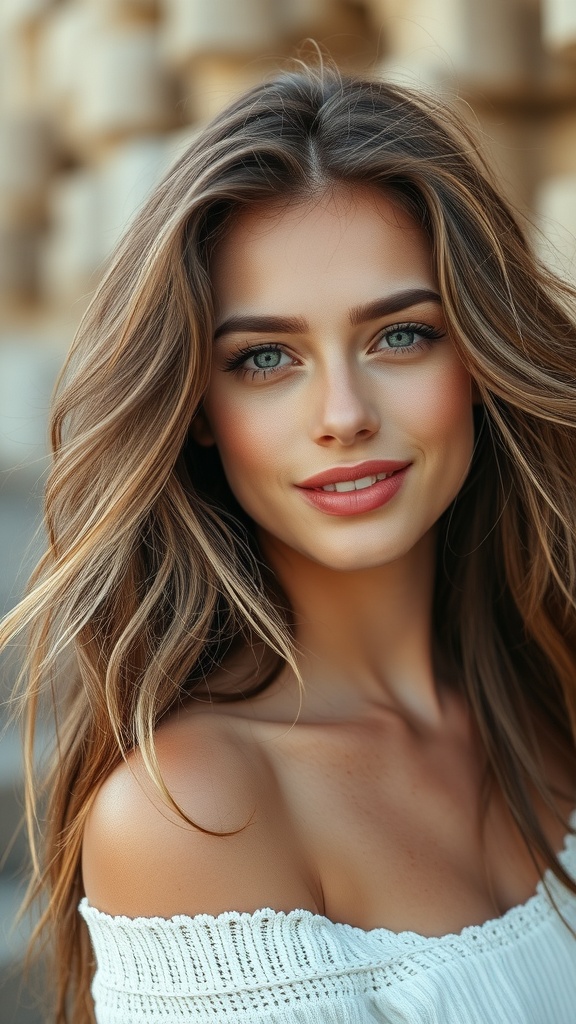 A woman with beachy textured hair featuring blonde balayage on brown hair, smiling softly.