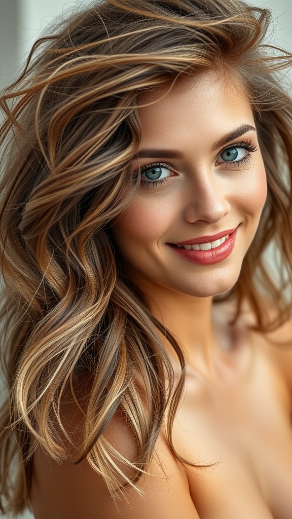 A woman with medium brown hair styled in beachy waves, featuring beige highlights.