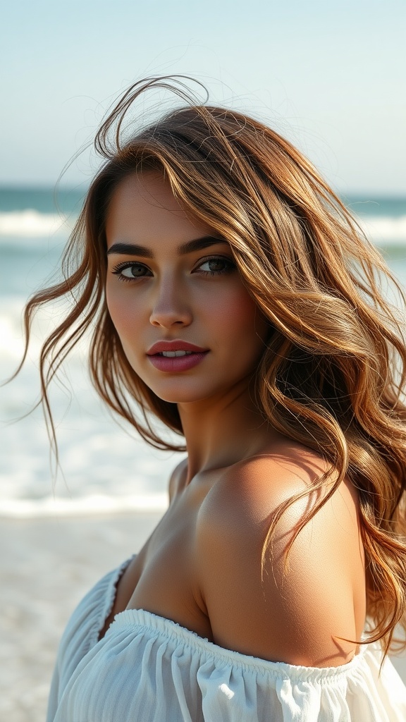 A woman with beachy waves in light chocolate brown hair, standing by the ocean.