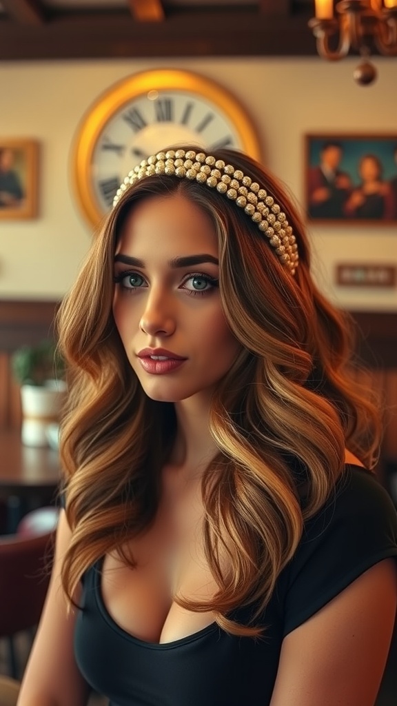 A woman with loose waves and a beaded headband, showcasing a glamorous vintage hairstyle.