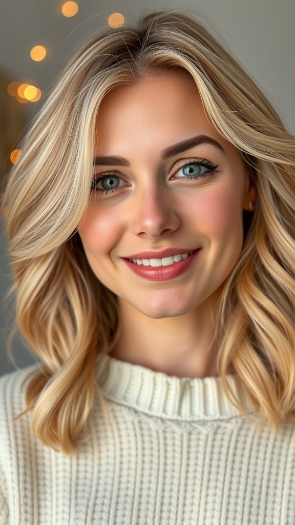 A woman with beige blonde hair featuring golden ribbons, smiling warmly.