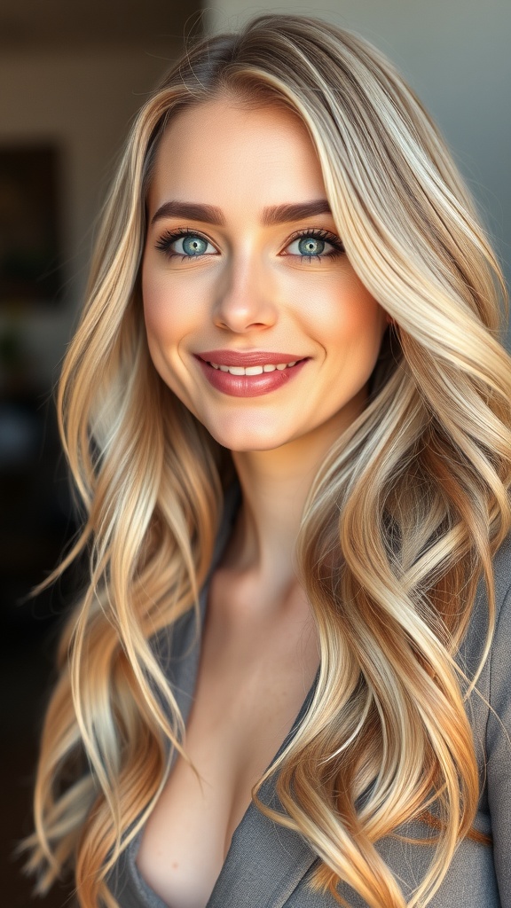 A woman with beige blonde hair styled in waves, featuring a root shadow.