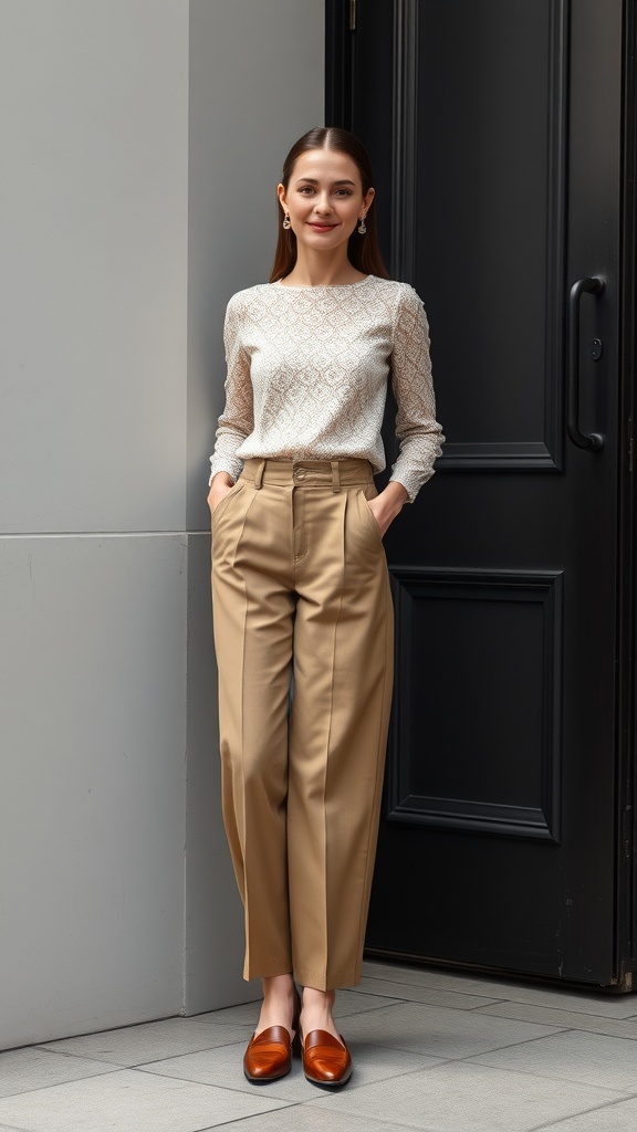 A woman wearing a beige lace long sleeve top and paperbag waist pants, standing in front of a door.
