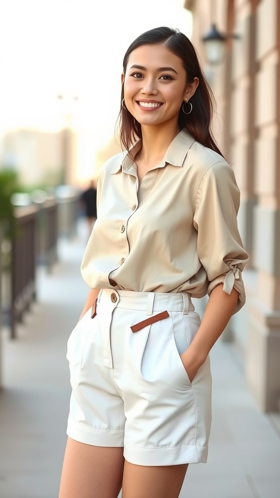 A woman smiling while wearing a beige long sleeve blouse and white paperbag shorts, standing outdoors.