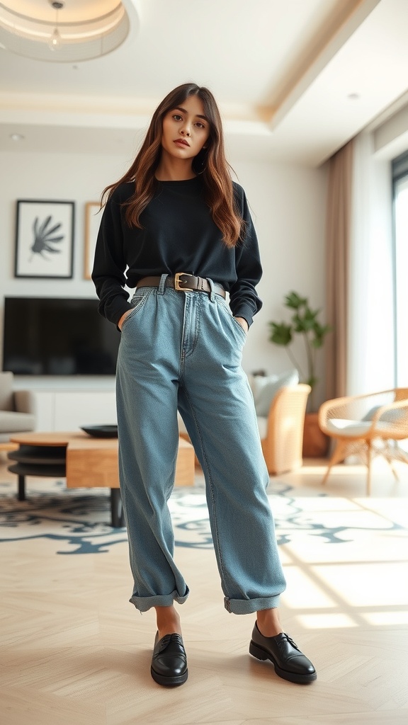 A woman wearing belted baggy jeans and an oversized black top, standing in a stylish living room.