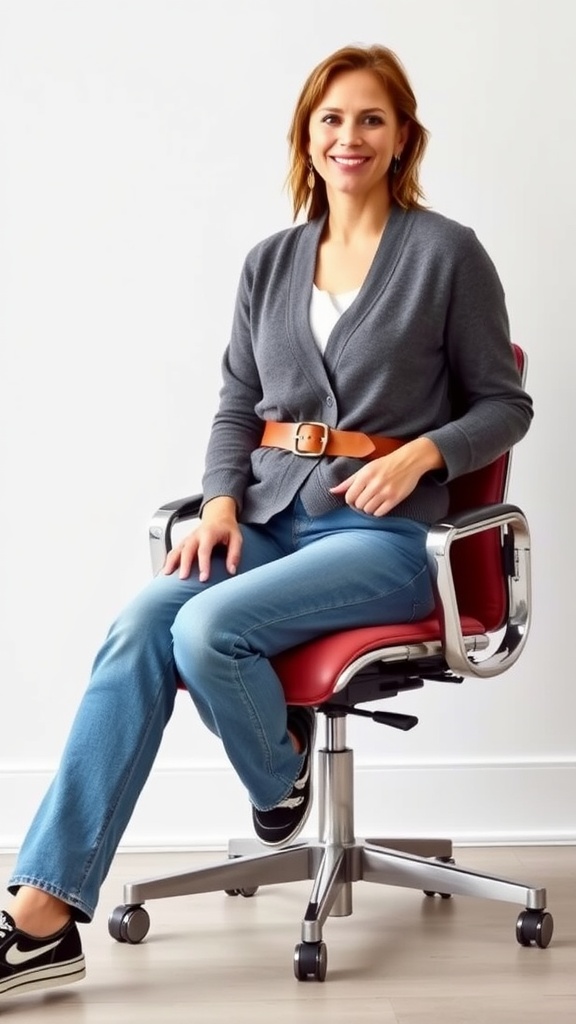 A person sitting in an office chair wearing a black belted cardigan and straight-leg jeans.