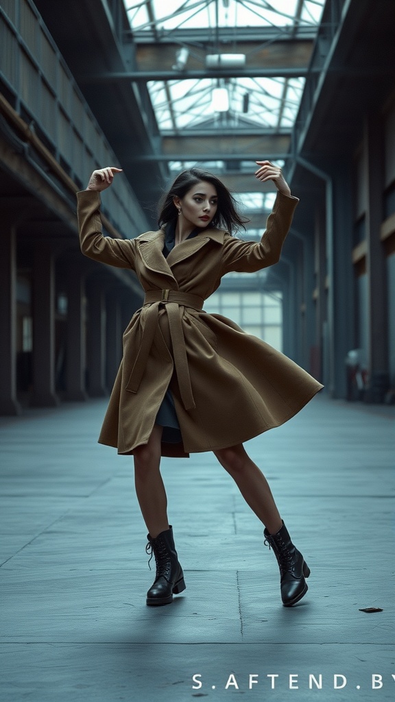A woman in a belted oversized coat and combat boots striking a dance pose in an industrial setting.