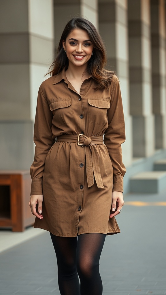 A woman wearing a belted shirt dress with tights and Chelsea boots, smiling outdoors.