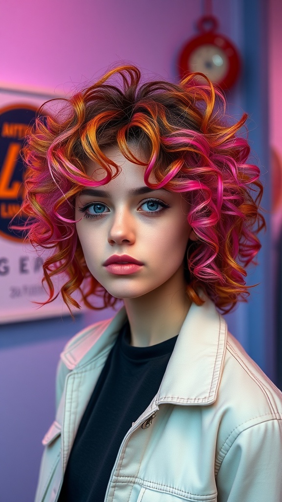 A young woman with big curly layers in vibrant colors, showcasing a '90s bombshell hair style.