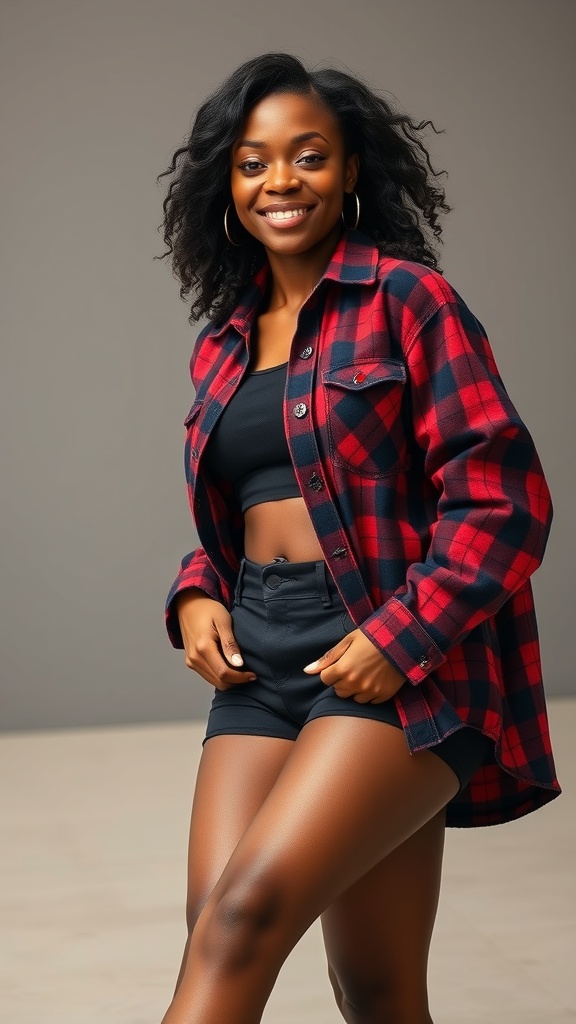 A smiling Black woman wearing biker shorts and an oversized red and black flannel shirt, showcasing a trendy concert outfit.