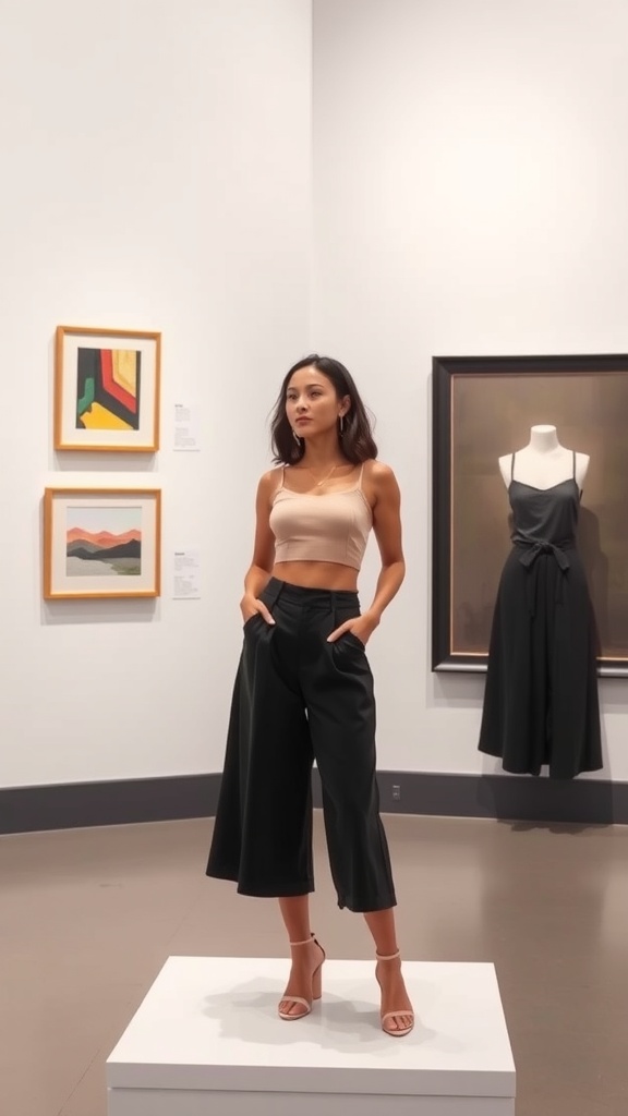 A woman wearing black culottes and a light pink crop top, standing in an art gallery.