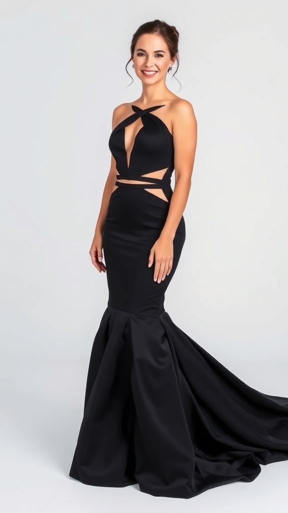 A model wearing a black cutout mermaid dress with a plunging neckline and flared bottom.