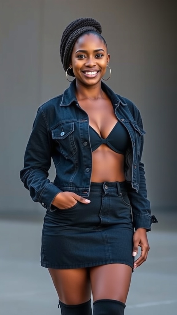 A woman wearing a black denim skirt and jacket, smiling confidently.