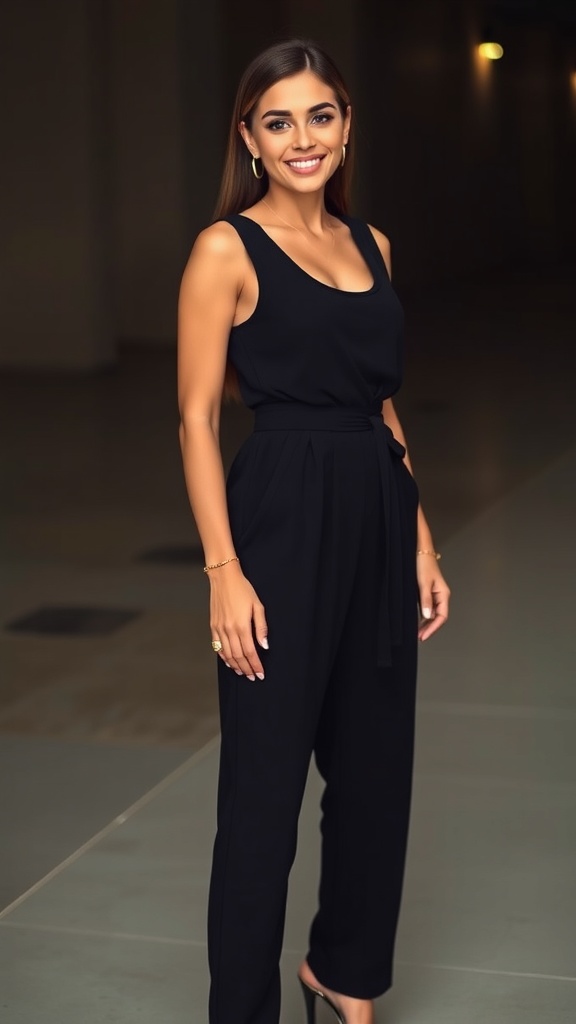 A woman smiling in a black jumpsuit with gold accessories.
