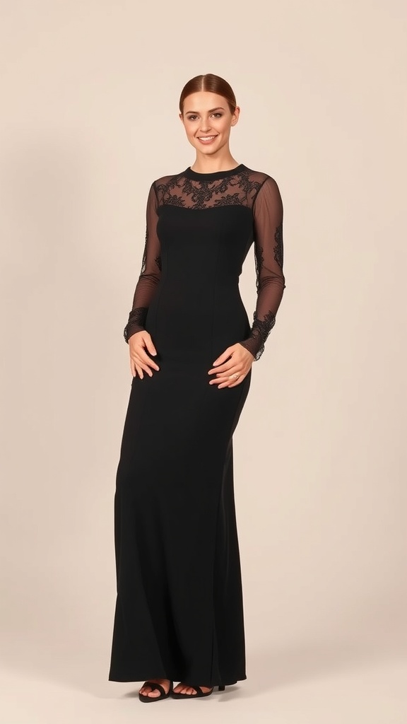 A woman wearing a black lace long sleeve maxi dress with sheer insets, smiling at the camera.