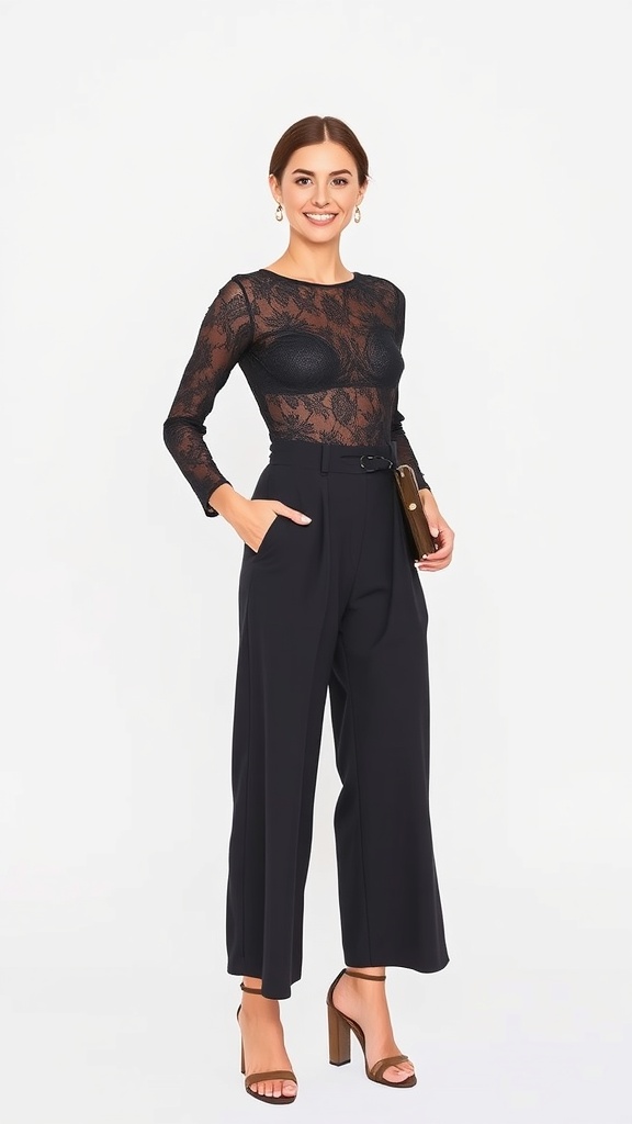 A woman wearing a black lace long sleeve top with high-waisted trousers, standing confidently with a smile.