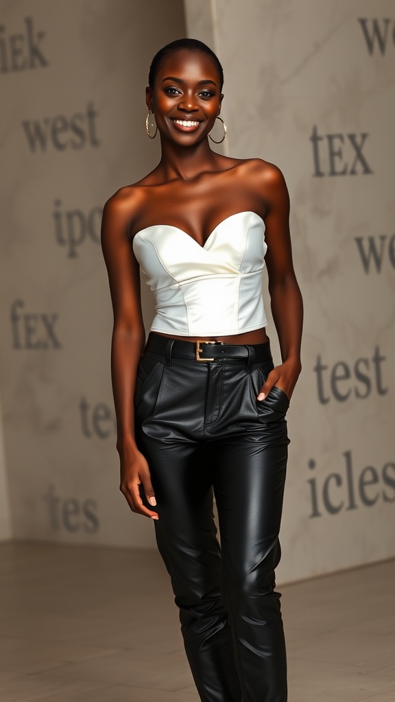 A woman wearing a corset top and black leather pants, smiling confidently.