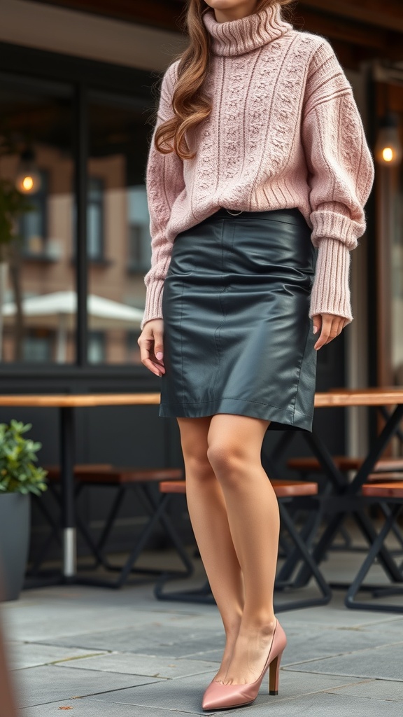 A woman wearing a soft pink sweater and a black leather skirt, showcasing a bold yet feminine look.