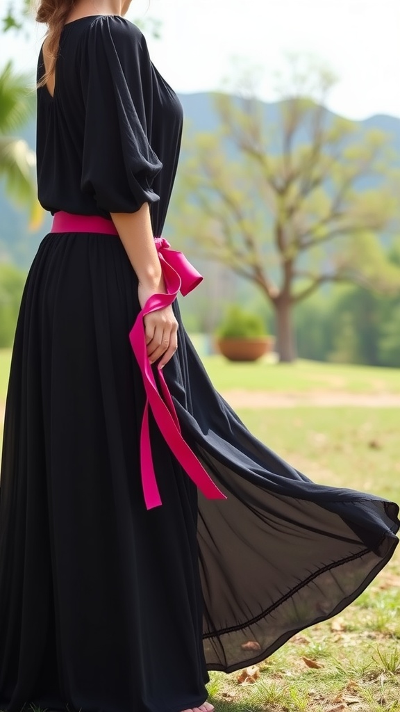 A woman wearing a black maxi dress with a pink belt, standing outdoors.