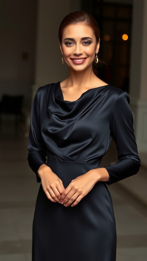 A woman smiling while wearing a black satin long sleeve maxi dress with a cowl neck.