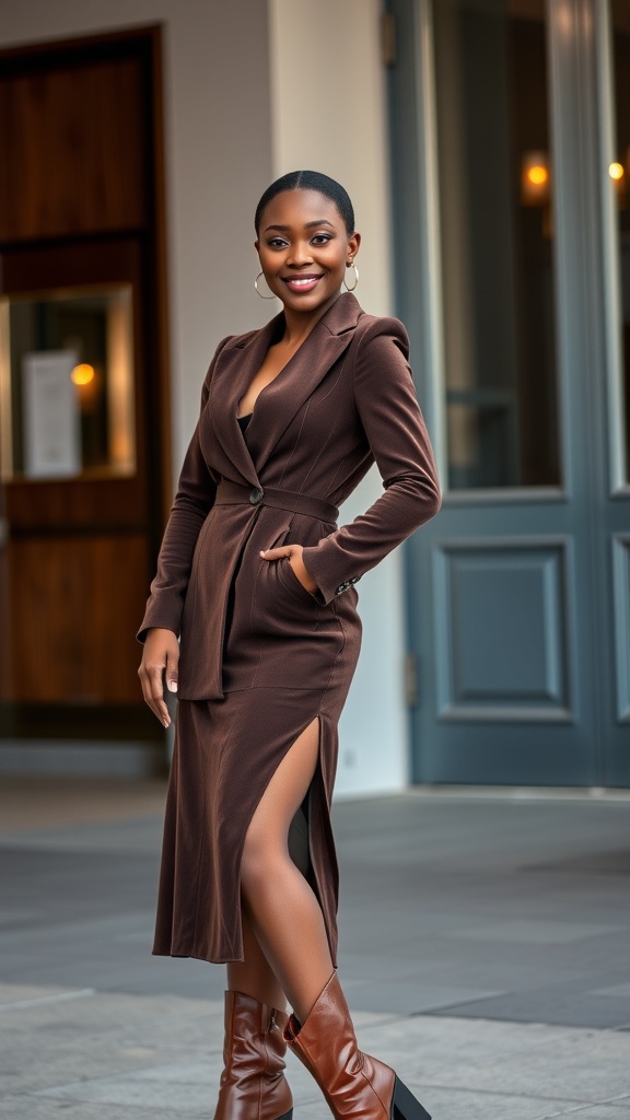 A woman in a brown blazer dress and knee-high shark boots, smiling confidently.