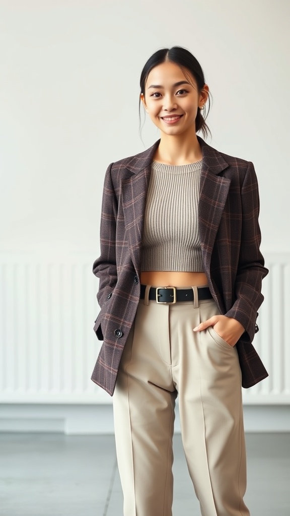 A woman wearing a blazer over a cropped tank top and trousers, smiling confidently.