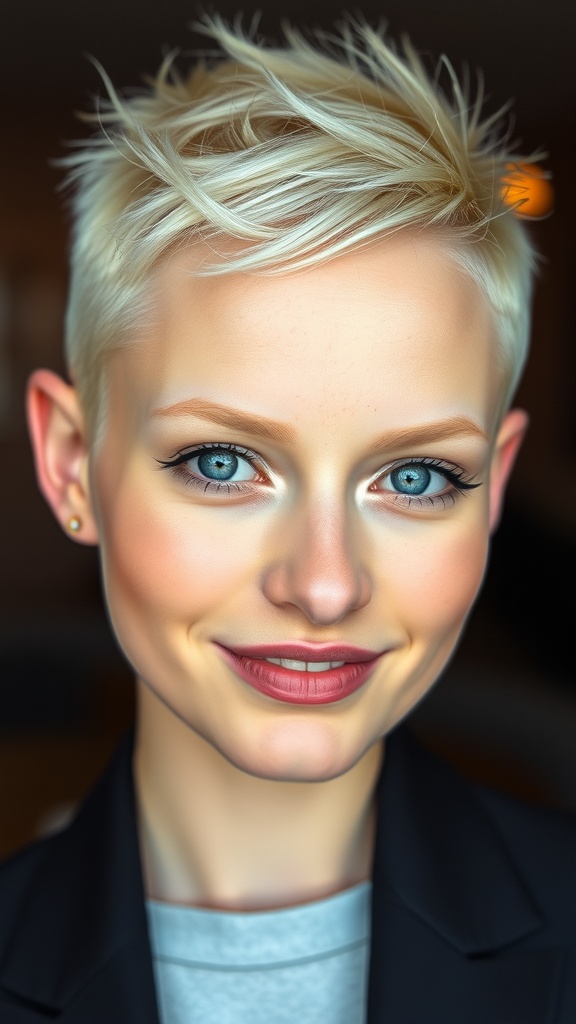 A close-up of a person with a bleached blonde buzz cut and striking blue eyes, smiling confidently.