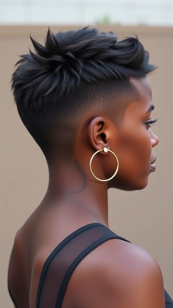 A woman with a blended brown pixie cut featuring a shaved design, showcasing confidence and style.