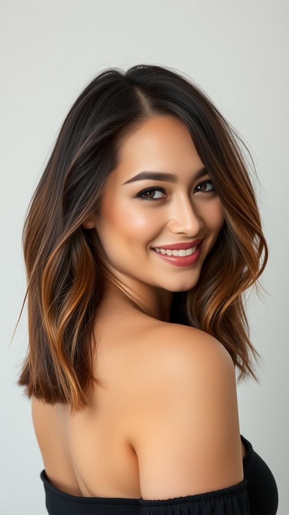 A woman with blended brunette hair featuring chestnut ombré ends, smiling and looking stylish.