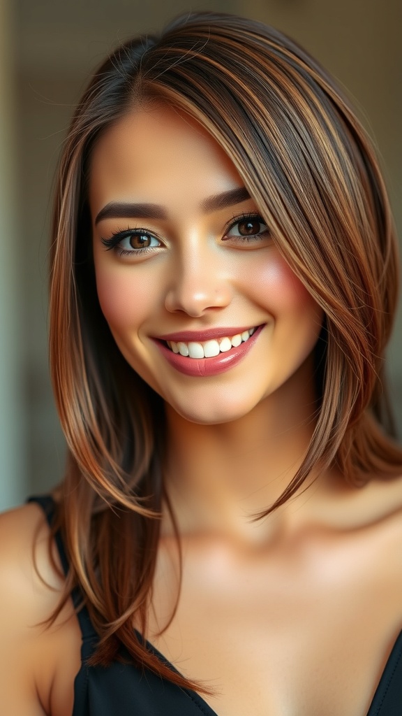 A woman with medium brown hair featuring blended chestnut highlights, smiling warmly.