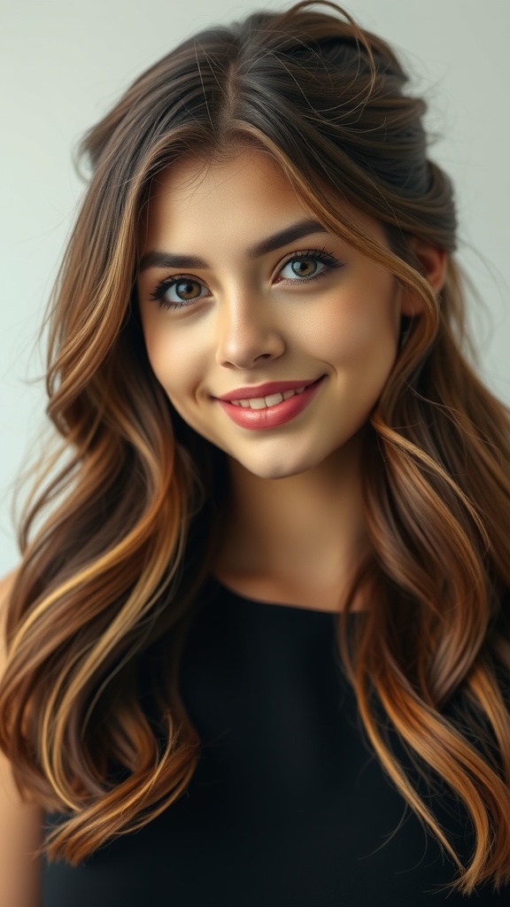 A young woman with blonde balayage on brown hair styled in a half-up hairstyle, showcasing soft waves.