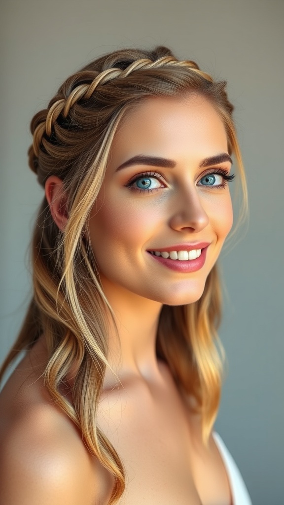 A woman with blonde balayage on brown hair styled in a braided crown, smiling brightly.