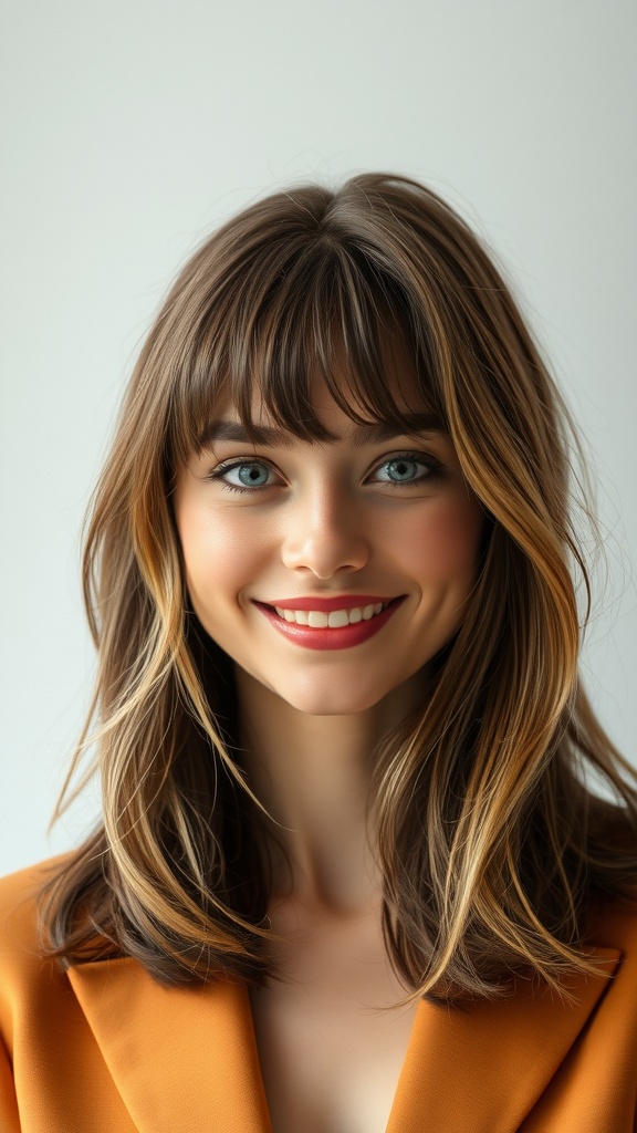 A woman with brown hair featuring blonde balayage and curtain bangs, smiling at the camera.