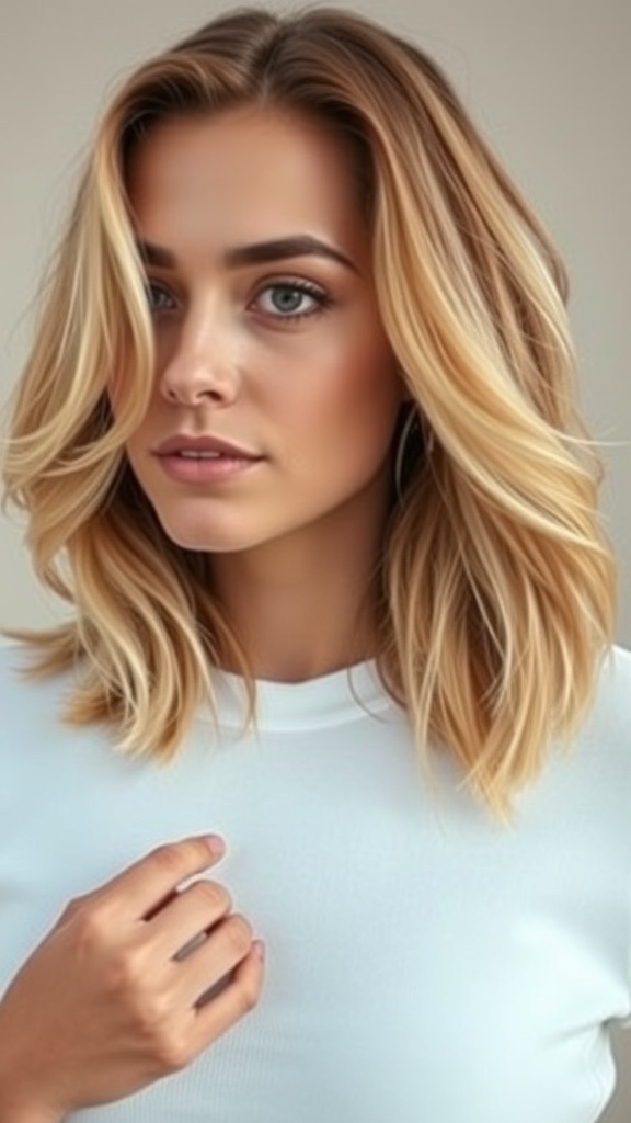A woman with mid-length layered hair featuring blonde balayage highlights.