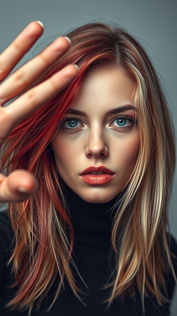 A woman with blonde hair featuring bold red face-framing highlights, showcasing a stylish and vibrant look.
