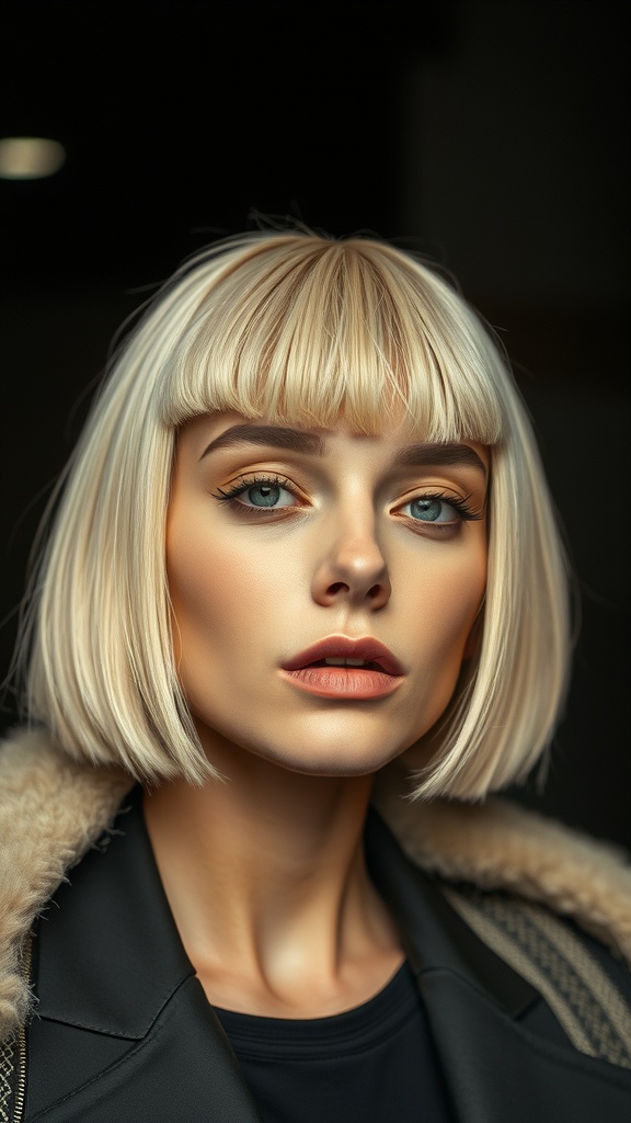 A close-up of a woman with a platinum blonde bob haircut featuring razor ends and a fringe.