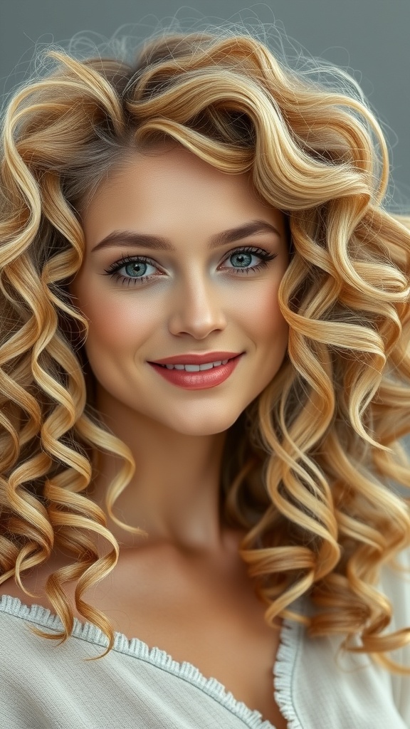 A woman with blonde curls featuring caramel lowlights, smiling and showcasing her vibrant hairstyle.