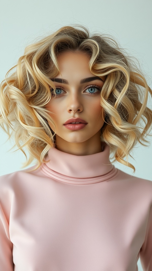A woman with blonde curls and a soft pink underlayer, wearing a pink top.