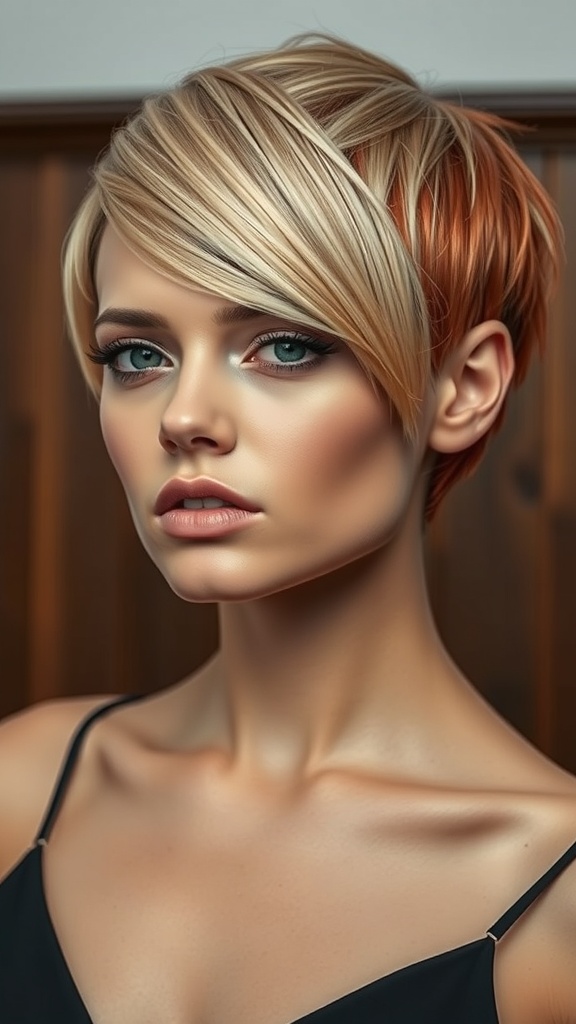 A woman with a stylish blonde and coppery red undercut hairstyle.