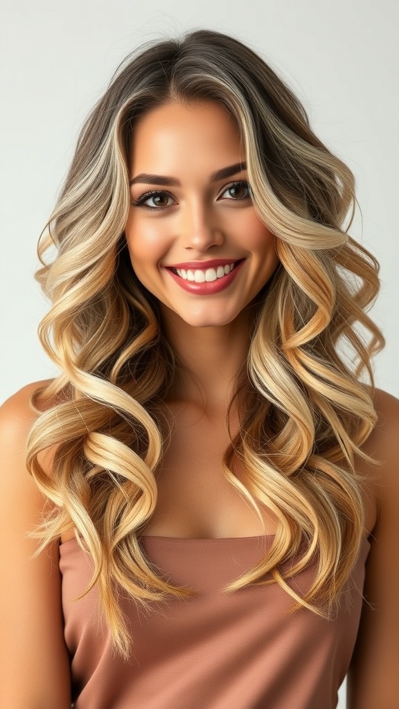 A woman with dark hair featuring caramel blonde highlights styled in loose curls, smiling at the camera.