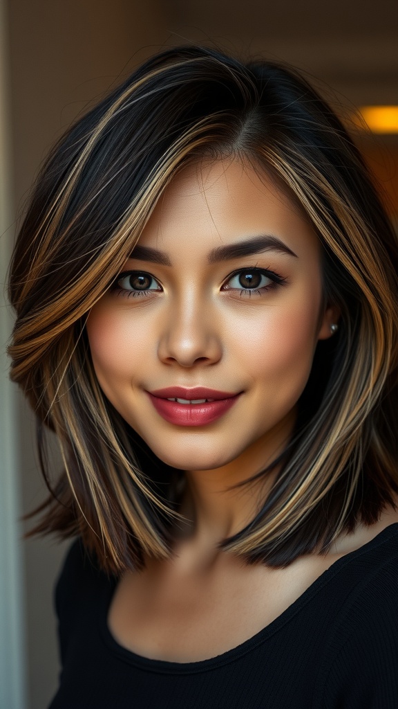 A woman with dark hair featuring caramel blonde highlights styled in side-swept layers.