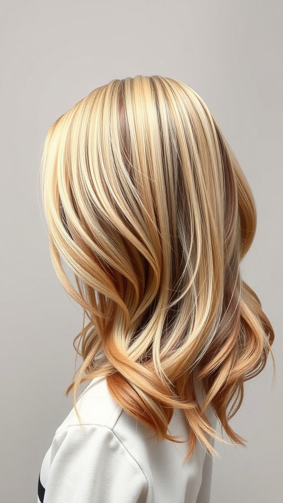 A stylish blonde ombre hairstyle with caramel highlights, showcasing a smooth gradient from light blonde to warm caramel tones.