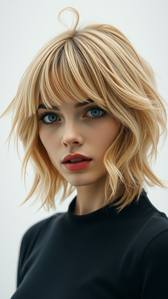 A woman with a blonde shag haircut featuring pink accent highlights, showcasing a trendy and playful hairstyle.