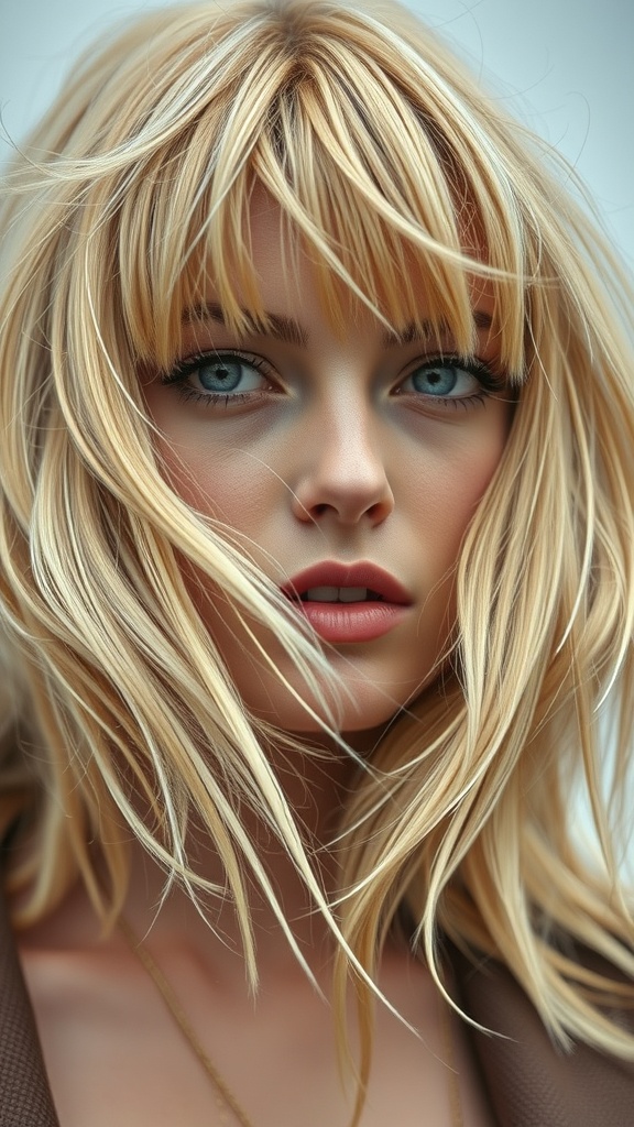 A woman with blonde shag hair and soft fringe, showcasing a modern hairstyle.