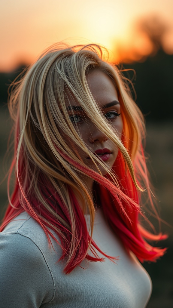 A woman with blonde waves and sunset red ombre ends, standing against a sunset backdrop.