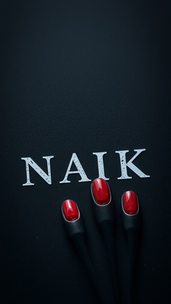Three nail tips with blood red polish on a dark background, showcasing a bold manicure style.