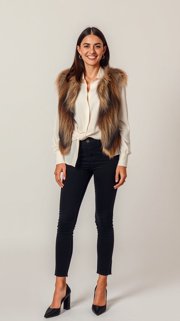 A woman wearing a stylish blouse with a faux fur vest and cropped jeans, smiling confidently.