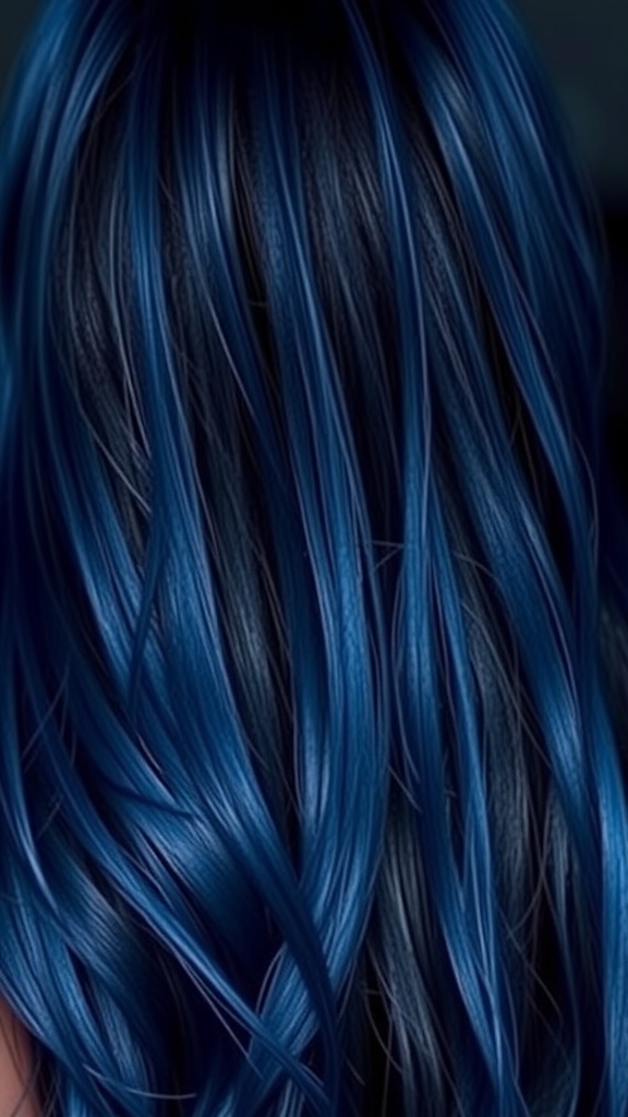A close-up view of dark blue and black hair, showcasing a blend of vibrant navy blue and deep black tones.