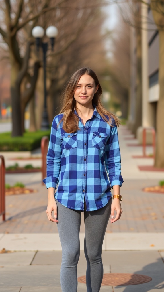 A woman wearing a blue plaid shirt and leggings, standing outdoors.